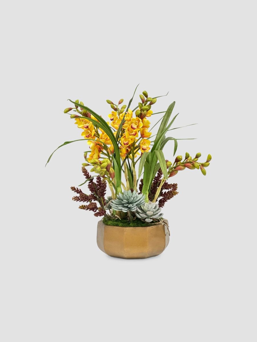 Winward Home Newness Artificial Orchid Succulent Floral Arrangement - Gold Green