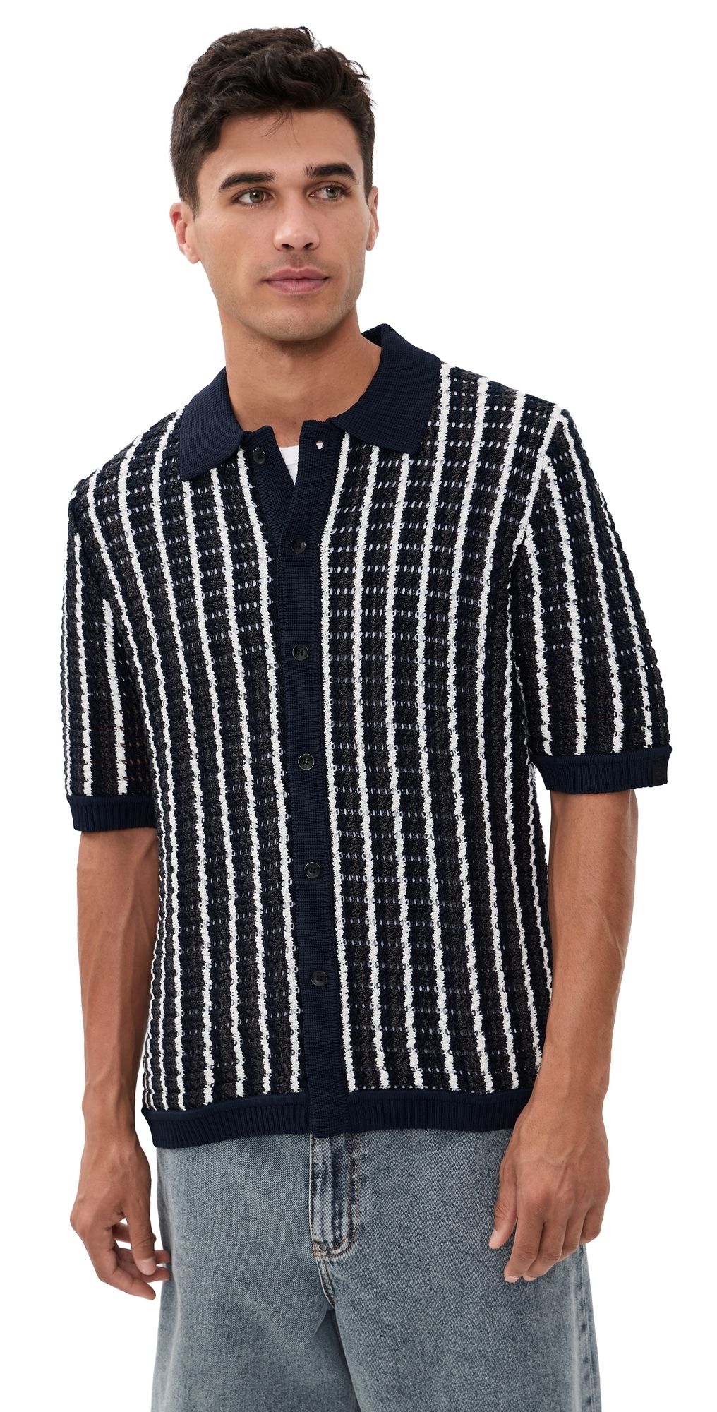 rag & bone Dalton Short Sleeve Crochet Shirt Navml XXL