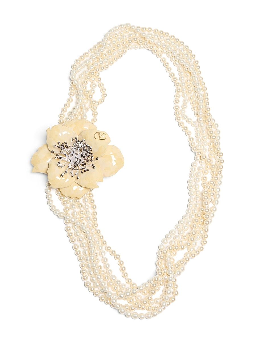 Women's Fleur Lumineuse Necklace in Metal, Enamel, Pearls and Fabric - Gold