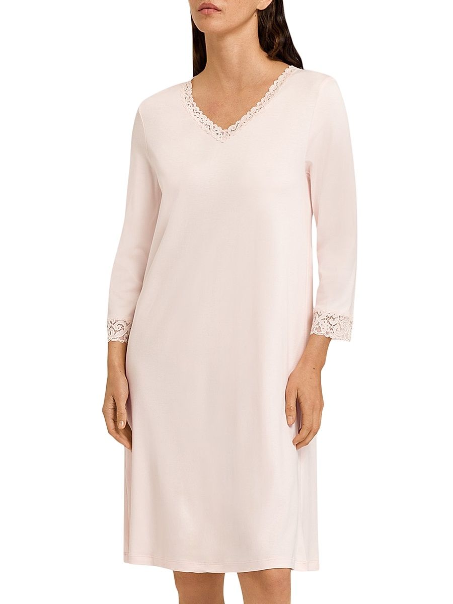 Hanro Women's Moments Cotton Lace-Trim Nightgown - Crystal Pink - Size Large