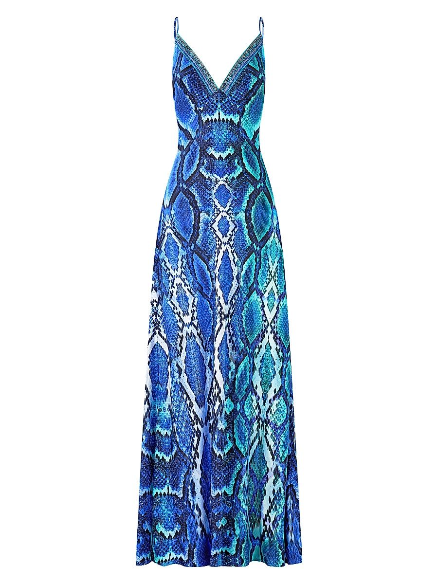 Women's The Sapphire Snakeskin-Print Silk Maxi Slipdress - The Sapphire Serpent - Size XXL