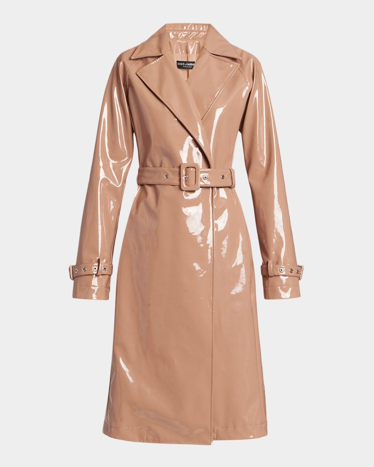 Coated Faux Leather Belted Trench Coat