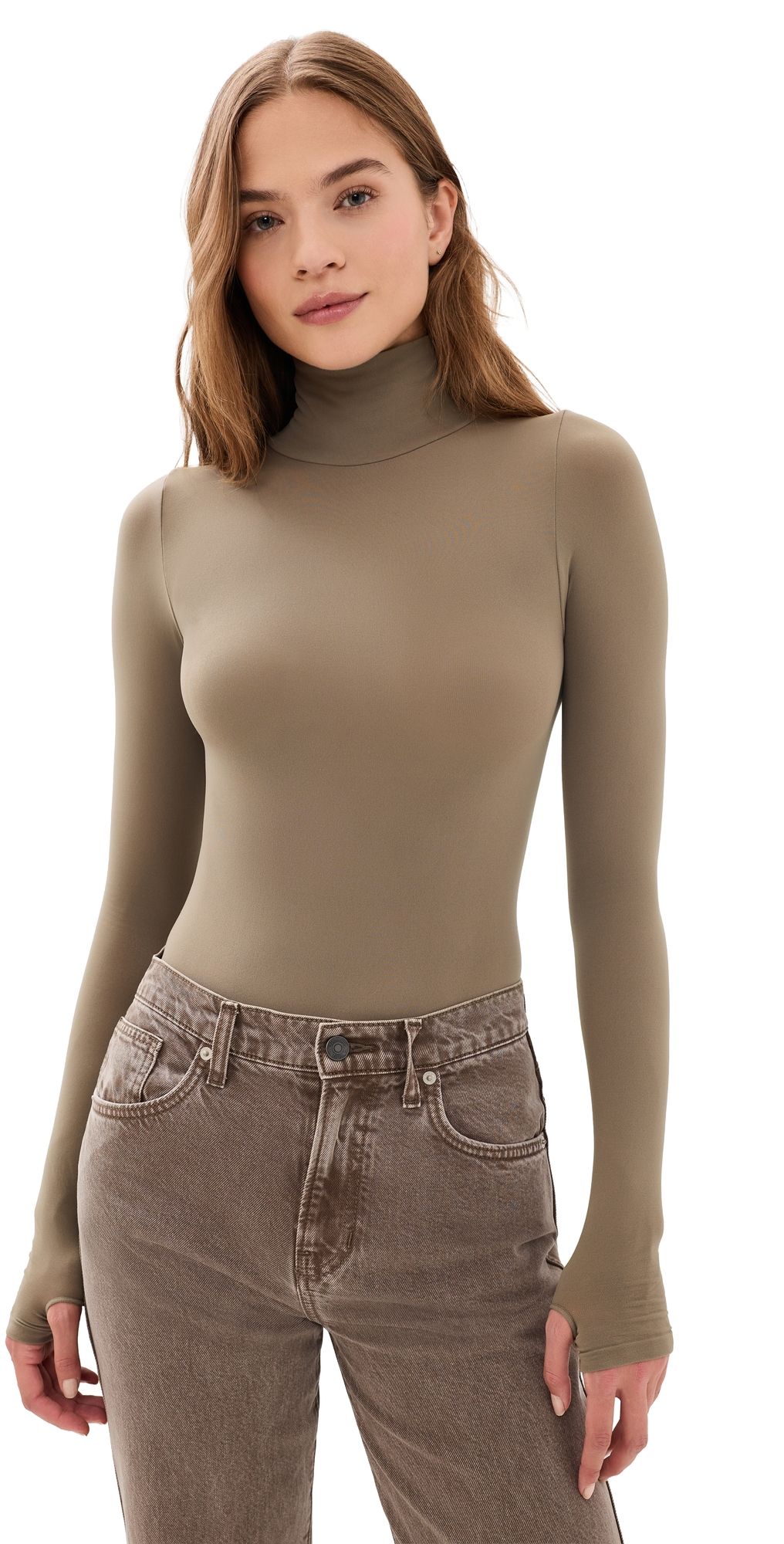 Commando Ballet Turtleneck Thong Bodysuit with Thumbholes Truffle One Size