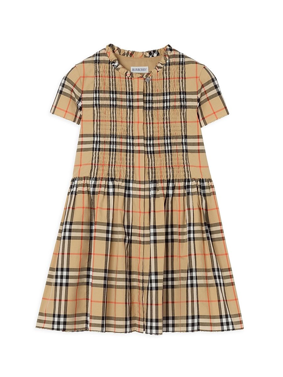 Little Girl's Check Smocked Shirtdress - Sand - Size 10