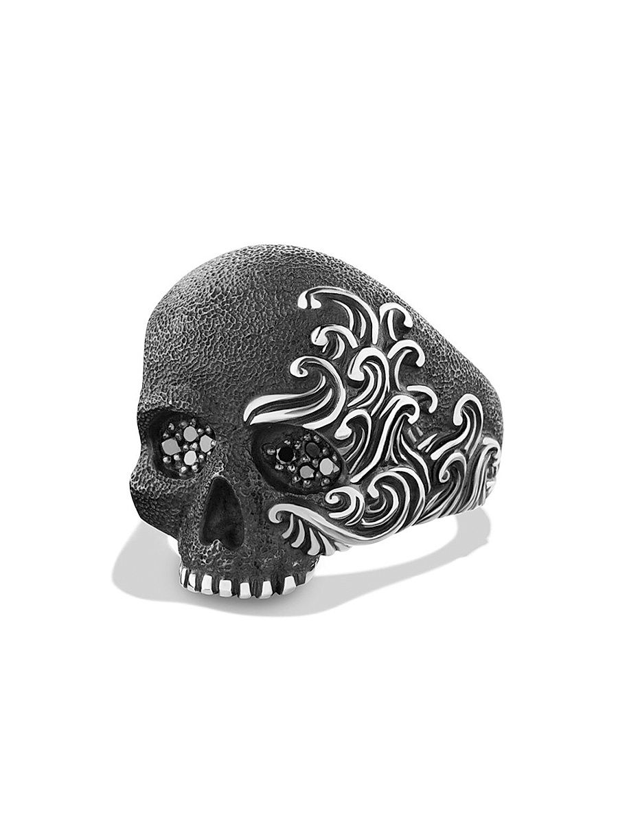 Men's Waves Skull Ring with Pavé Black Diamonds - Black - Size 9