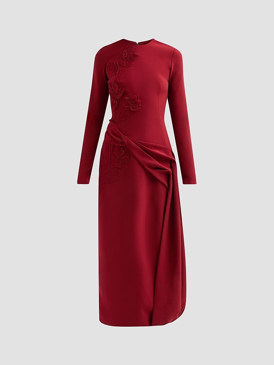 Women's Floral Organza Embroidered Crepe Dress - Wine - Size 14