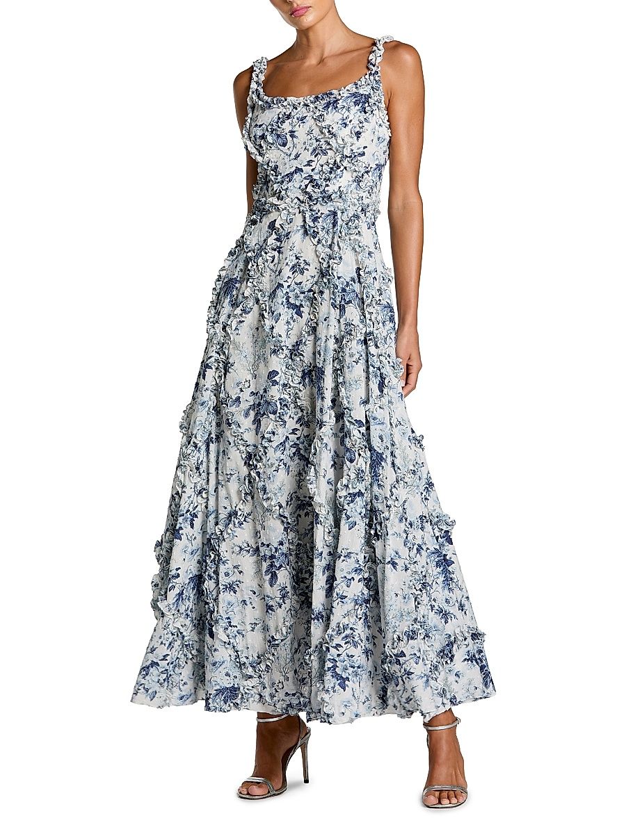 Women's Ruffle Floral Sweetheart Maxi Dress - Blue Multi - Size 14