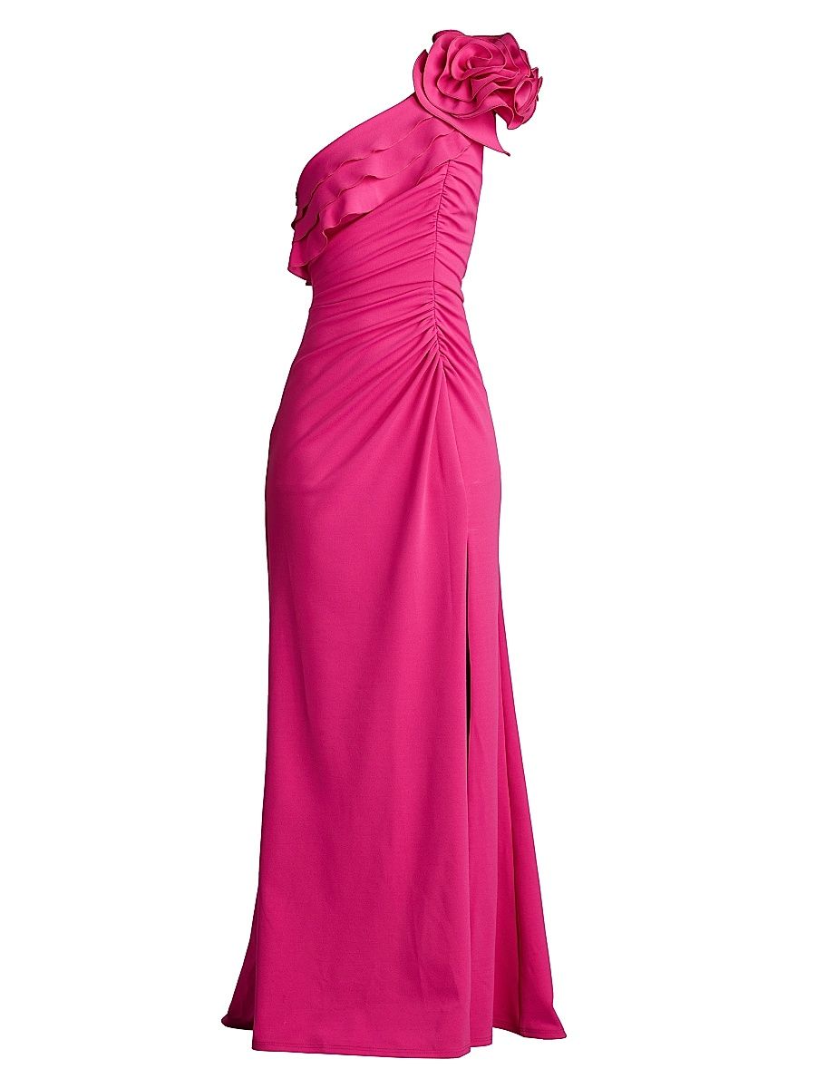 Women's One-Shoulder Flower Detail Crepe Gown - Waterlily - Size Small