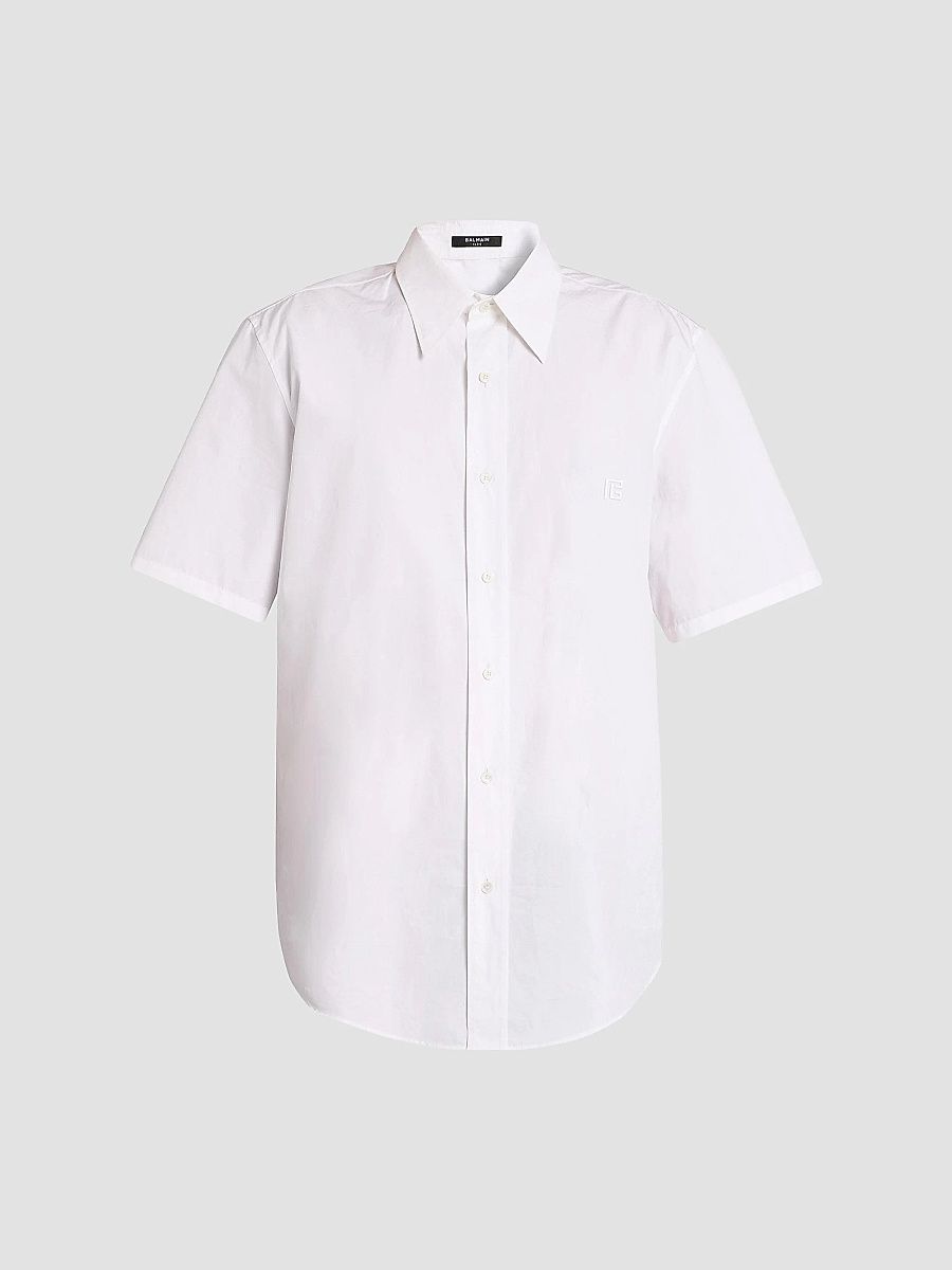 Balmain Men's Embroidered Cotton Poplin Short-Sleeve Shirt - Blanc Optique - Size 17.5