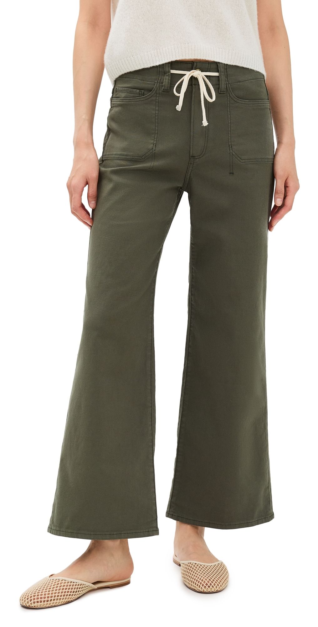 PAIGE Ari Waistband Tie and Stitch Thru Utility Pockets Pants Vintage Forester Green 26