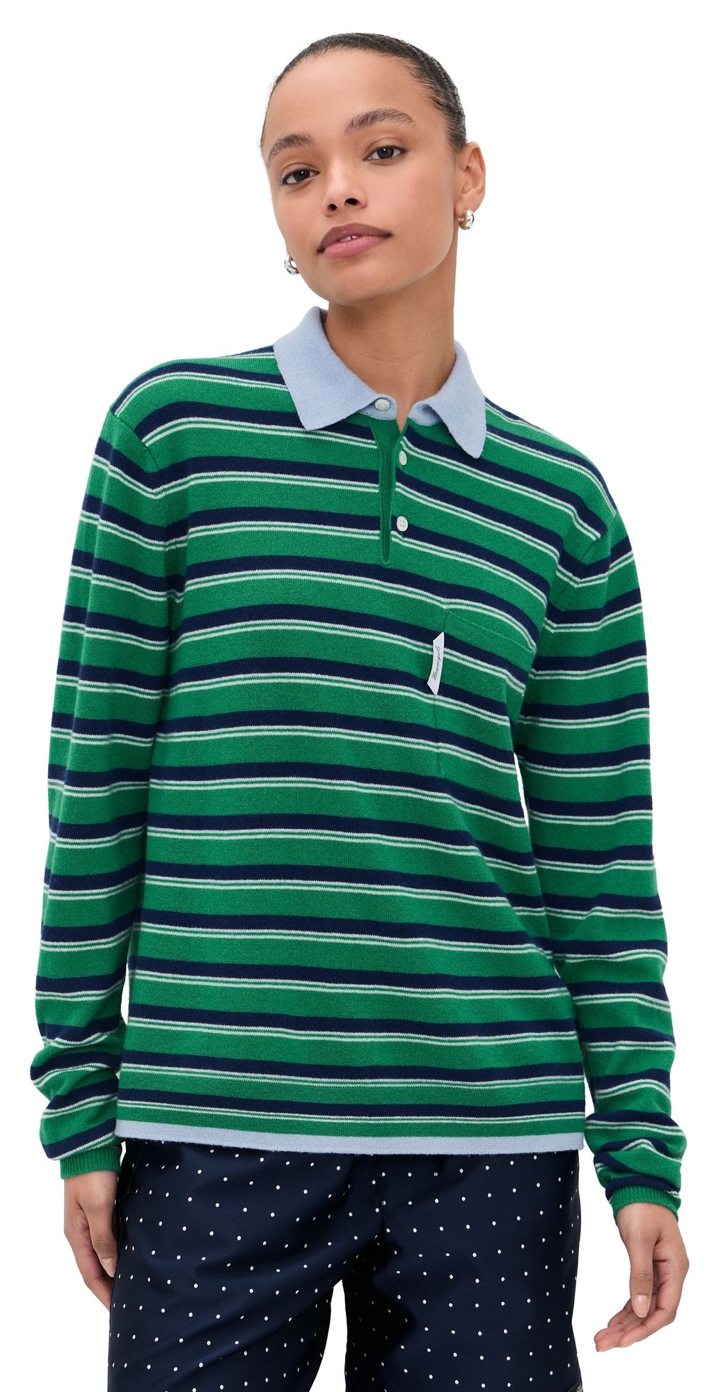 HOMMEGIRLS Knit Stripe Polo Green Stripe S