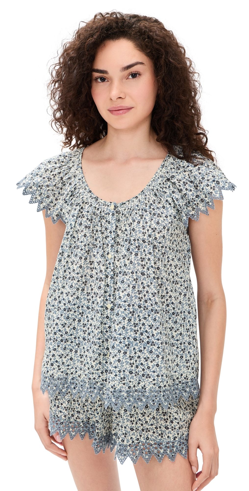 THE GREAT. The Flutter Sleeve Eyelet Top Bluebell Ditsy 3