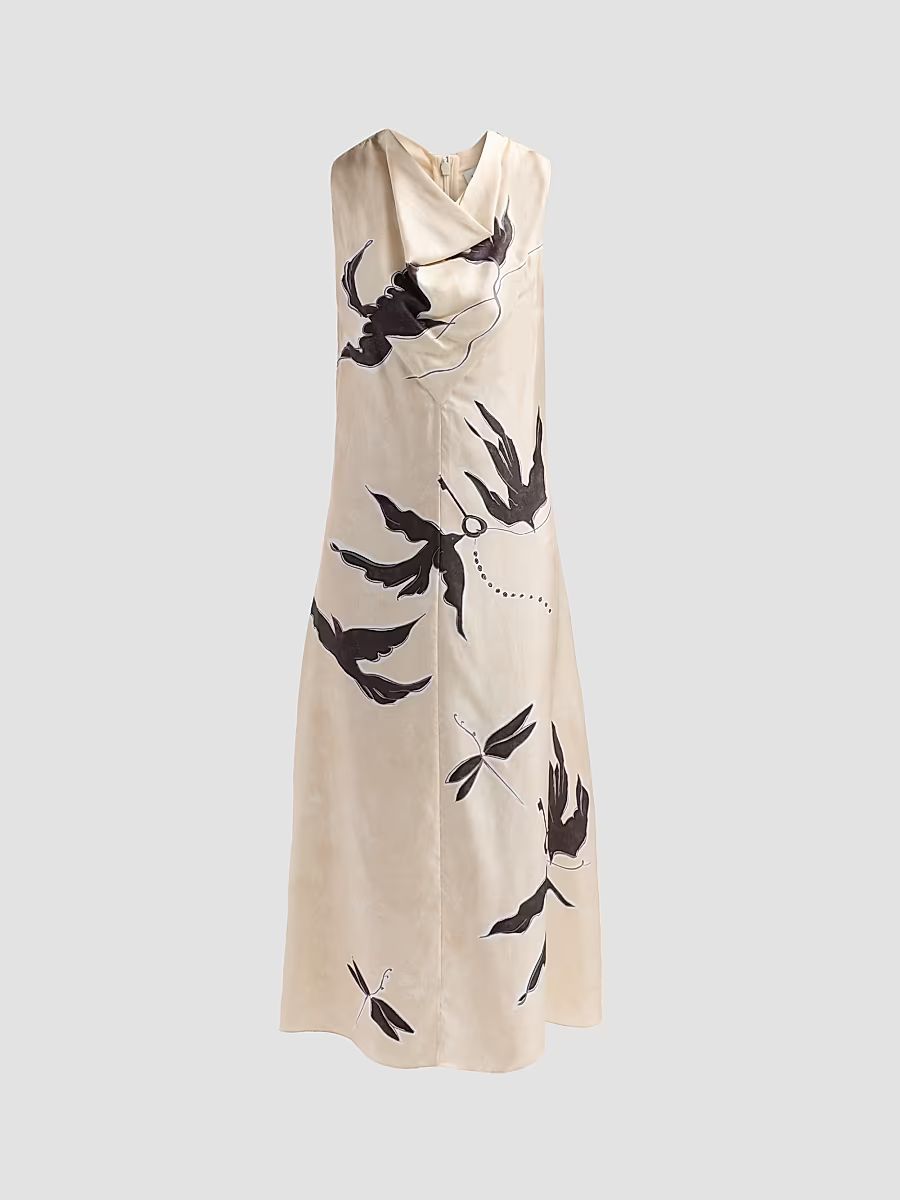 Women's Lucie Bird-Print Silk Midi Dress - Tapioca Bird - Size 2