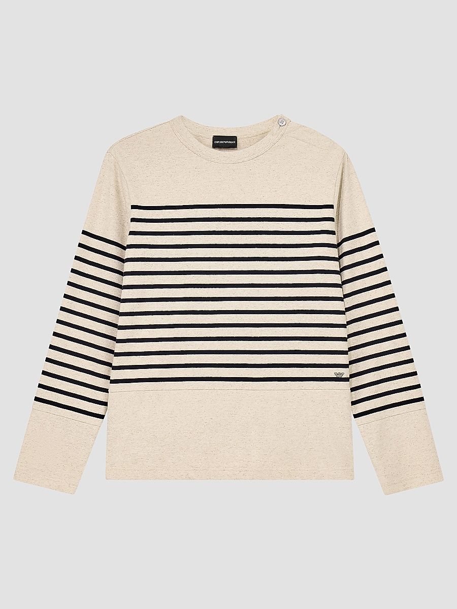 Men's Cotton and Linen Jersey Stripe Sweater - Ecru Black Stripe - Size Medium