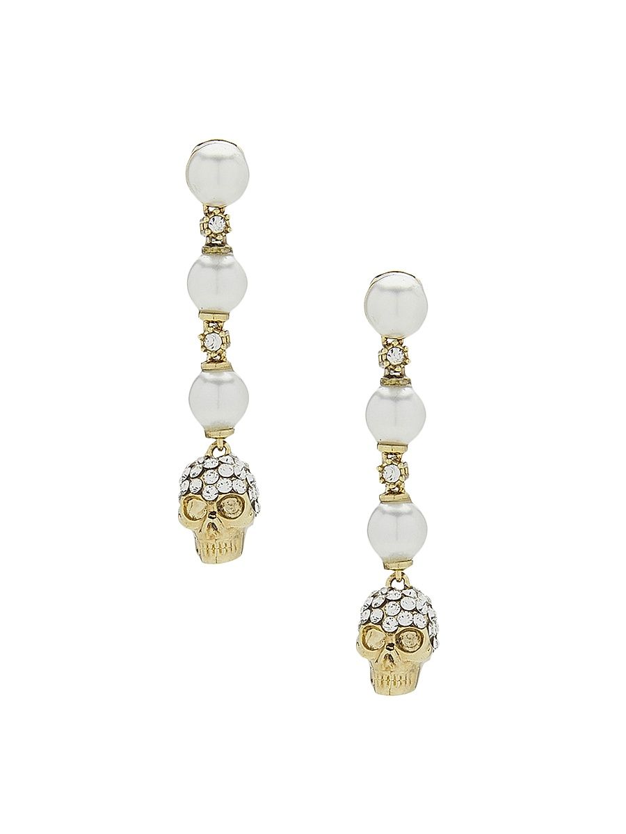 Women's Goldtone, Imitation Pearl & Glass Crystal Skull Drop Earrings - Pearl Grey