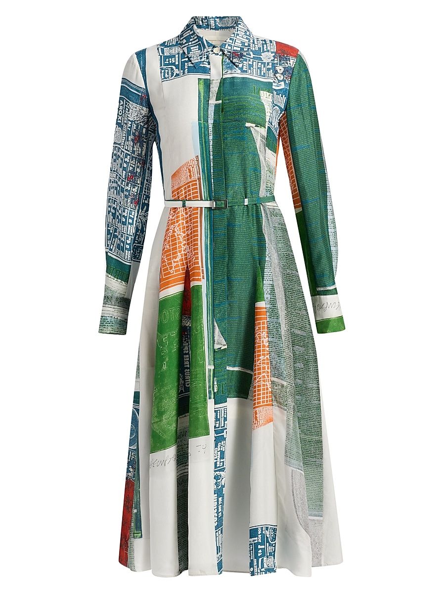 Women's Platter Artwork Silk Shirtdress - Blue Green Multi - Size 14