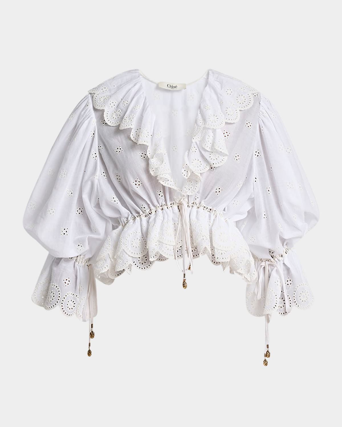 Eyelet Cotton Ruffle Crop Peasant Blouse