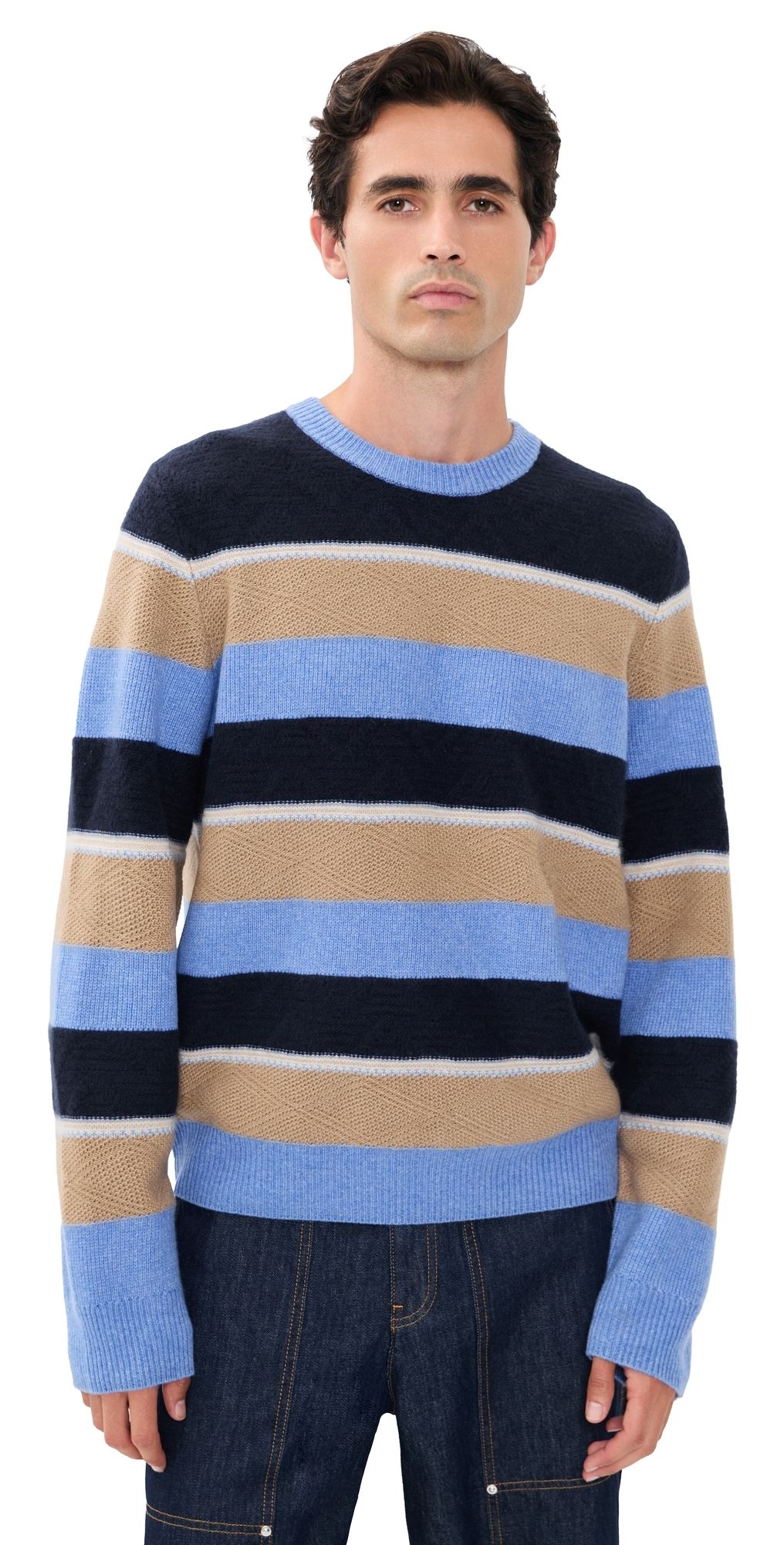 Guest in Residence Stripe Cashmere Crew Sweater DELFT BLUE COMBO XXL