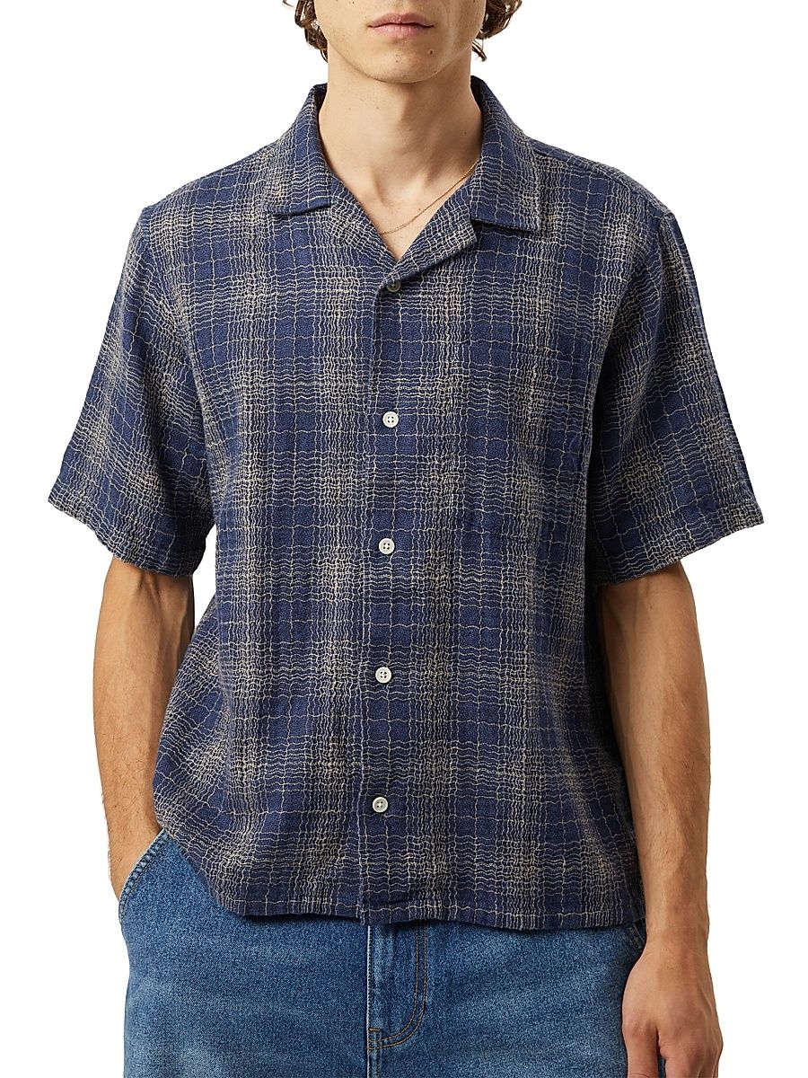 Men's Wavy Cotton-Linen Camp Shirt - Navy - Size Small