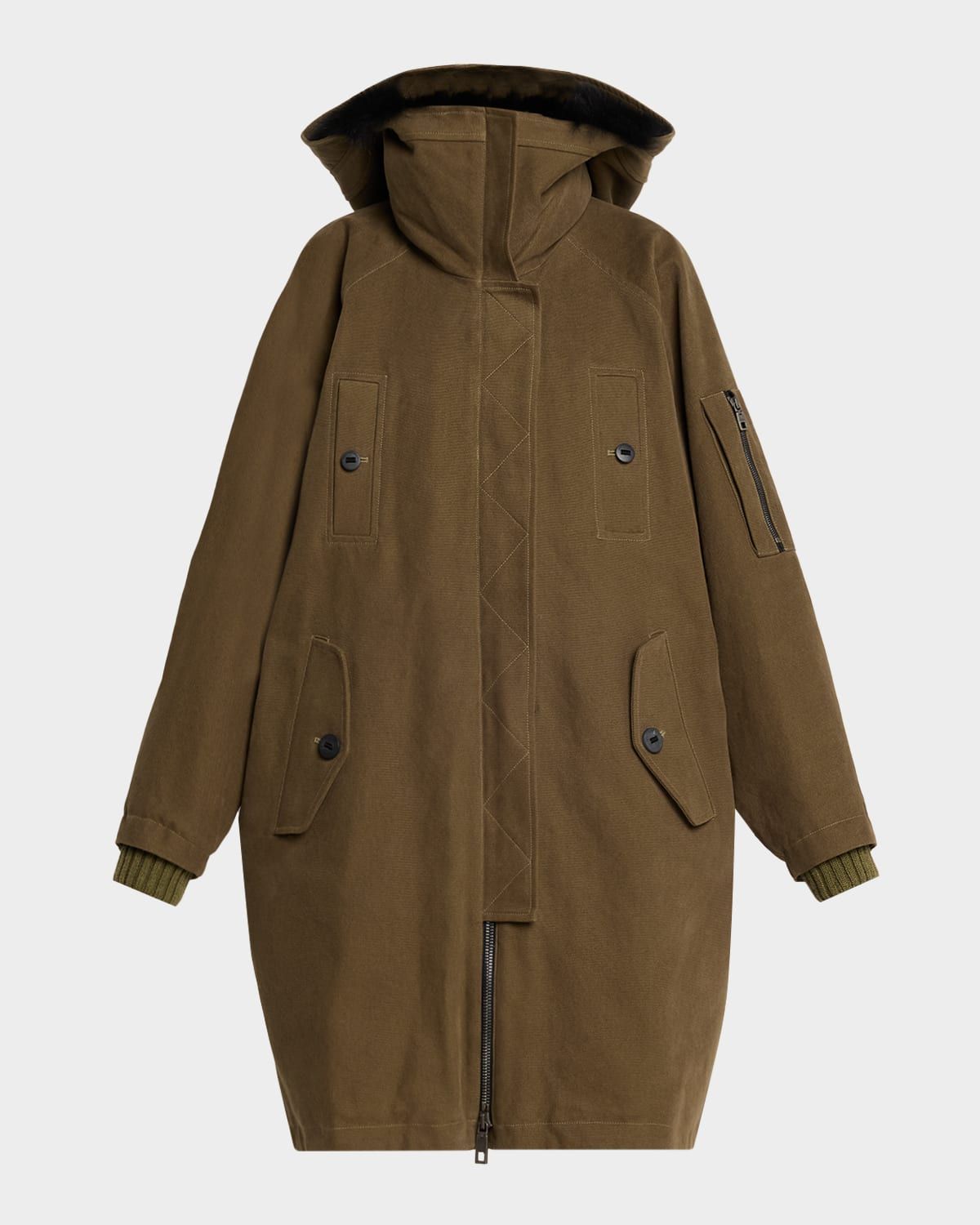 Lamb Shearling Lined Oversized Hooded Bomber Jacket