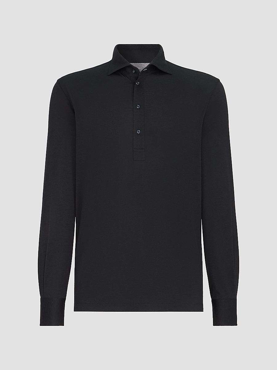 Men's Silk and Cotton Lightweight Jersey Long Sleeve Polo Shirt - Navy Blue - Size XXXXL