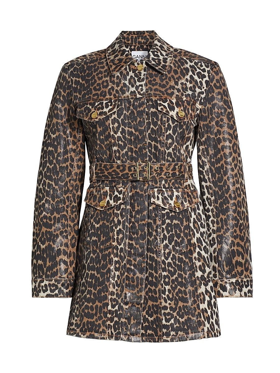 Women's Leopard Print Denim Mini Shirtdress - Leopard - Size 6
