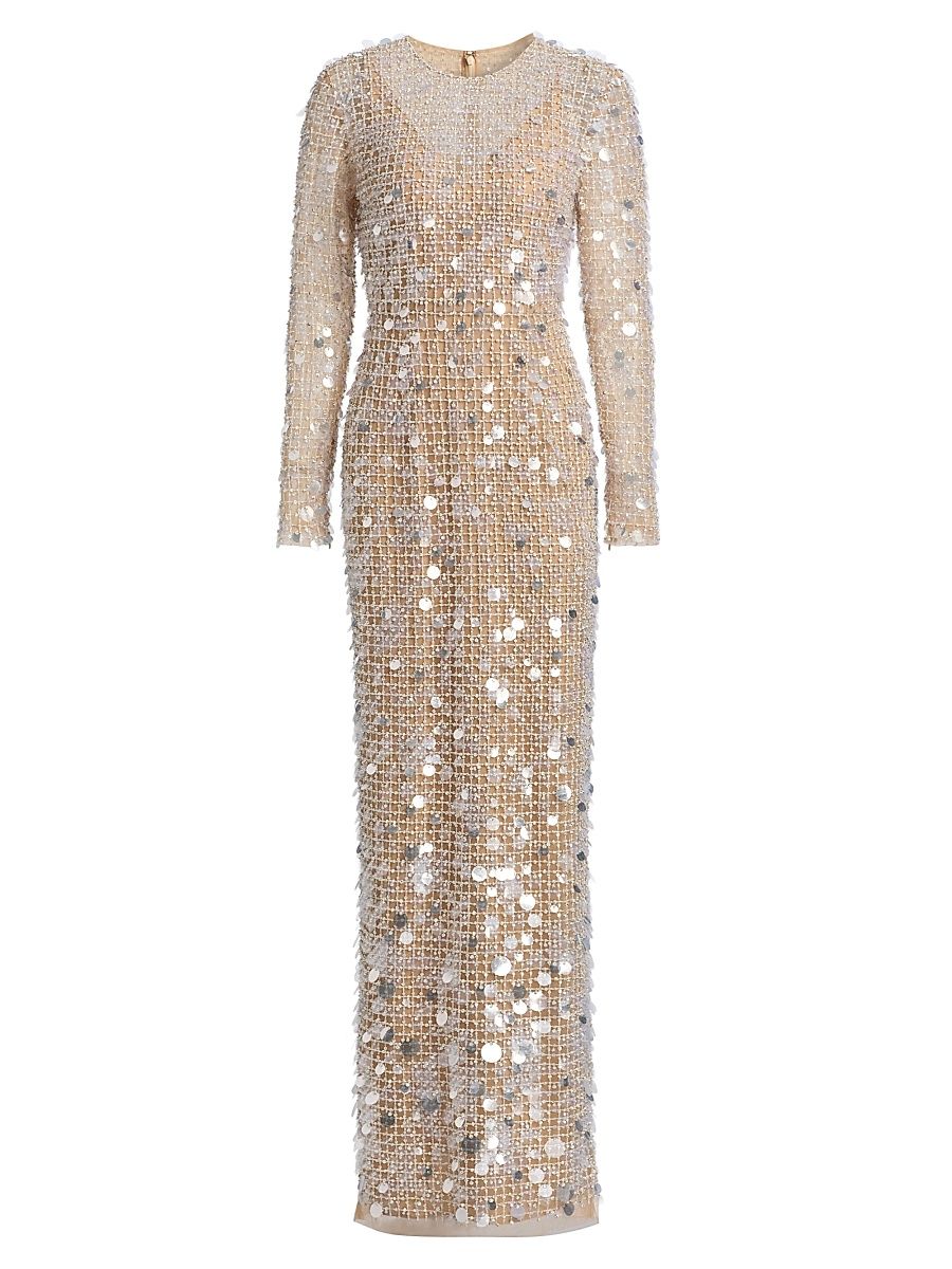 Women's Sequin-Embellished Column Gown - Natural - Size 4