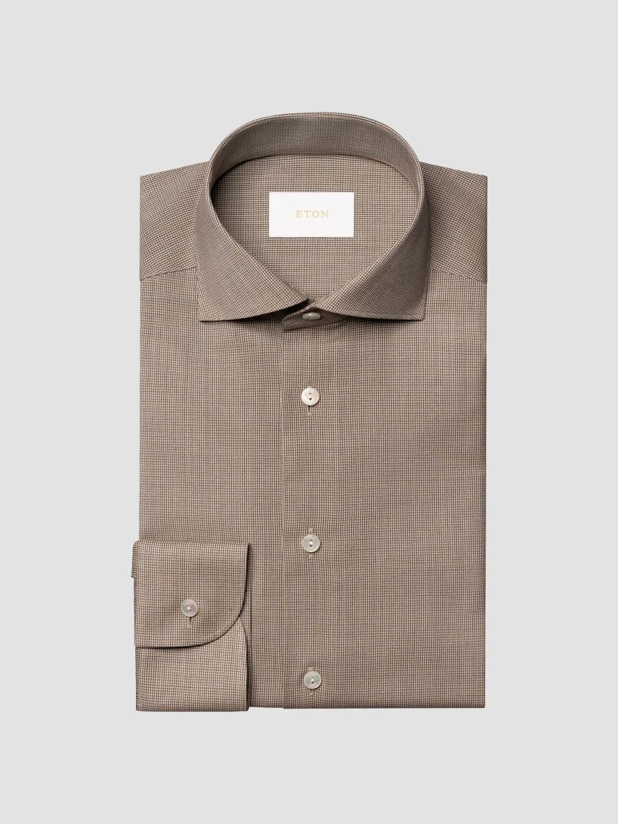 Eton Men's Merino Wool Micro Houndstooth Shirt - Brown - Size 15.5