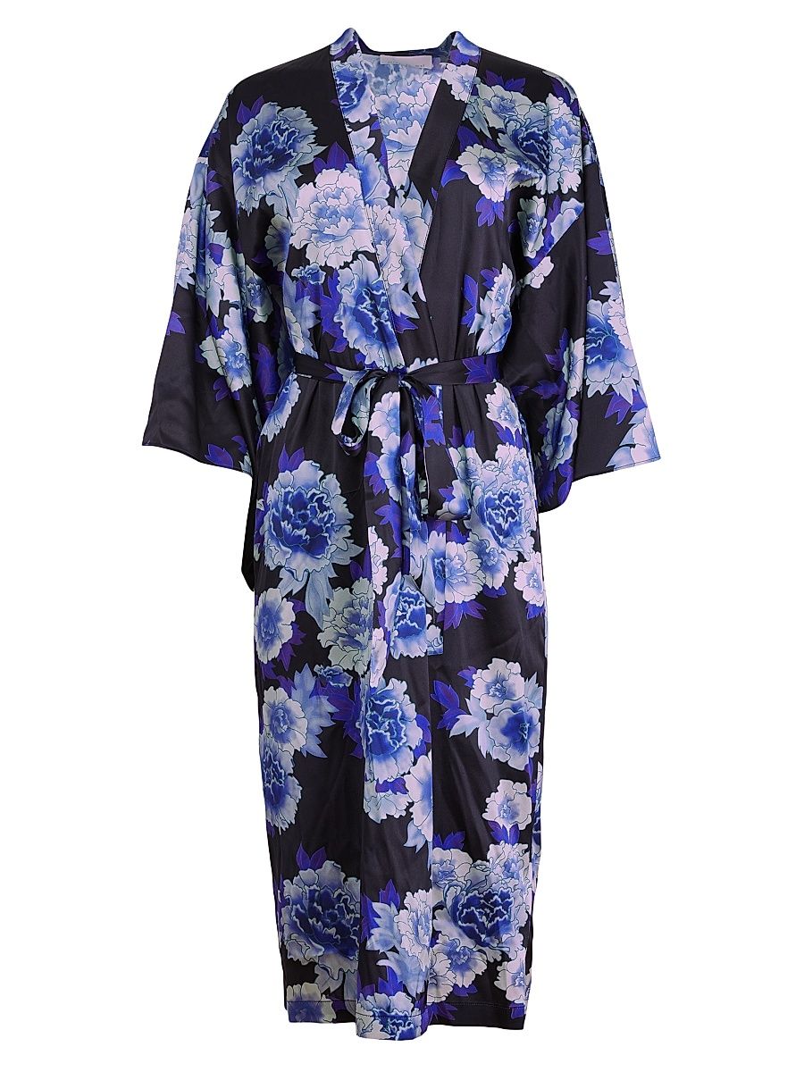 Women's Floral Silk-Blend Tie-Waist Robe - Blue Japanese Floral - Size Medium