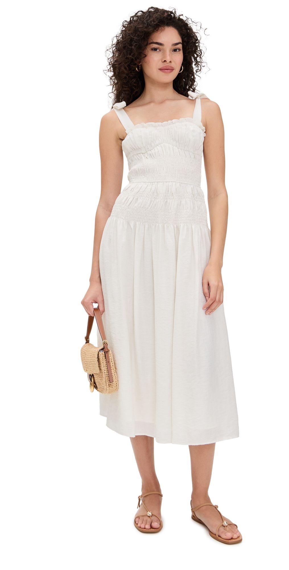 Moon River Adjustable Strap Shirred Midi Dress White L