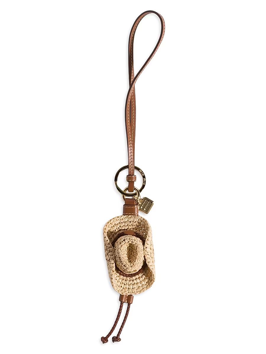 Women's Raffia and Leather Key Ring - Beige Khaki