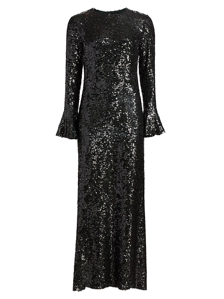 Women's Sequined Flare-Sleeve Sheath Gown - Dark Green - Size 10