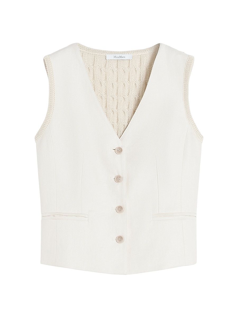 Women's Linen and Cable Knit Gilet - Beige - Size Large