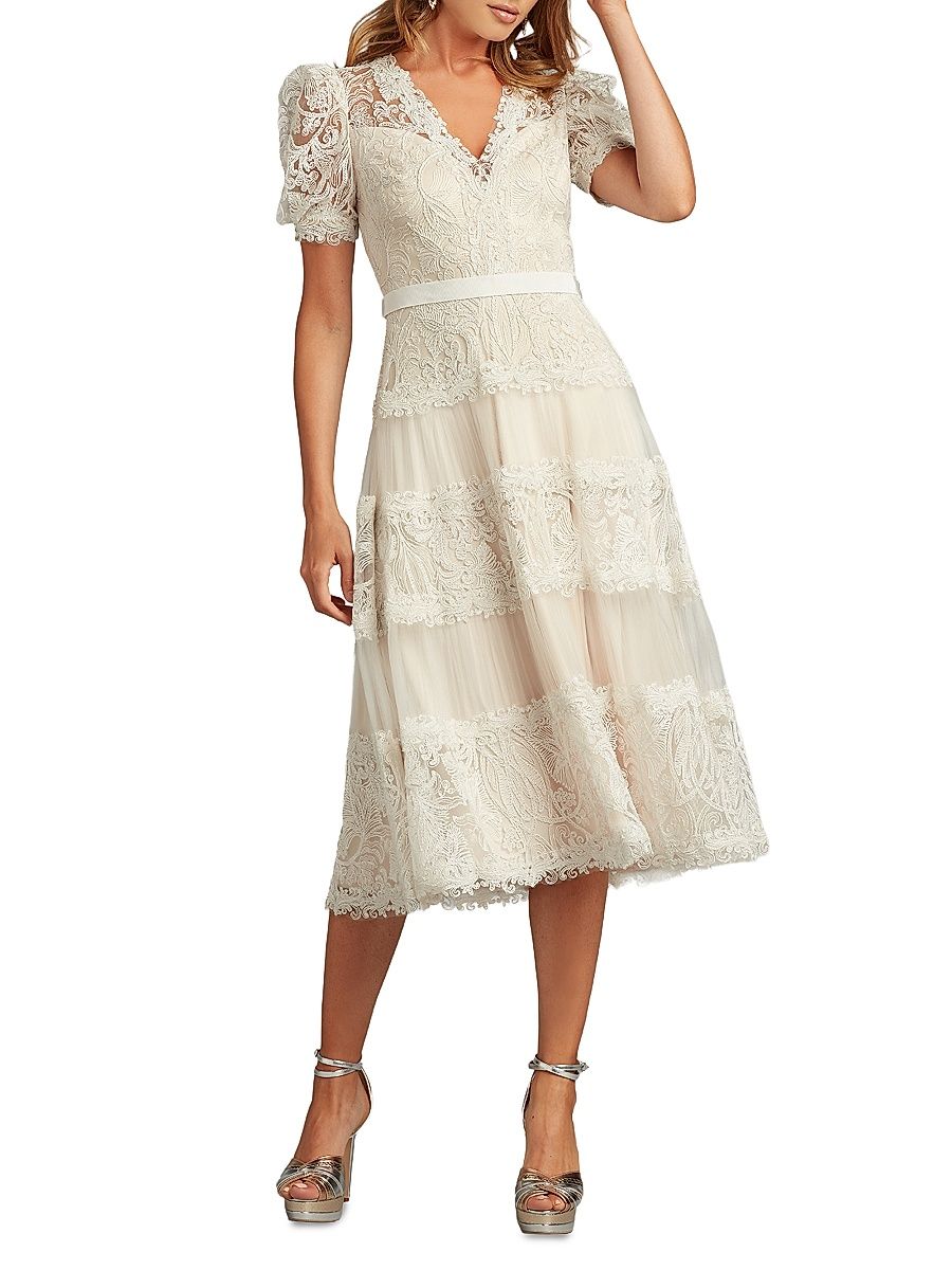 Tadashi Shoji Women's Corded Lace V-Neck Midi-Dress - White Petal - Size 16