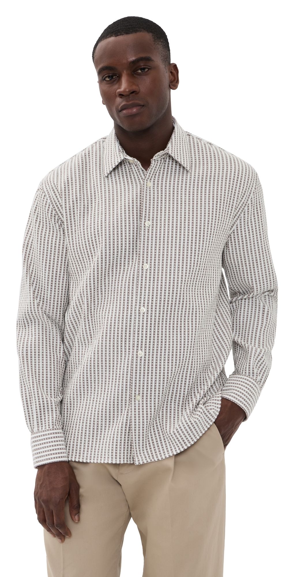 Officine Generale Gad Striped Cut Thread Shirt Gingerbread/White L
