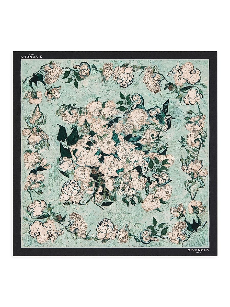 Women's Small Square Scarf in Silk with Roses Print - Light Mint Green