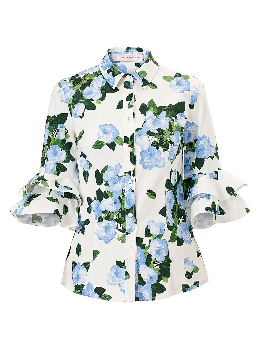 Women's Cabana Floral Ruffle-Sleeve Stretch-Cotton Top - White Multi - Size 0