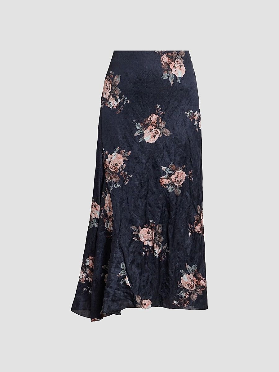 Women's Draped Floral Crushed Satin Midi Skirt - Margot Black - Size 8