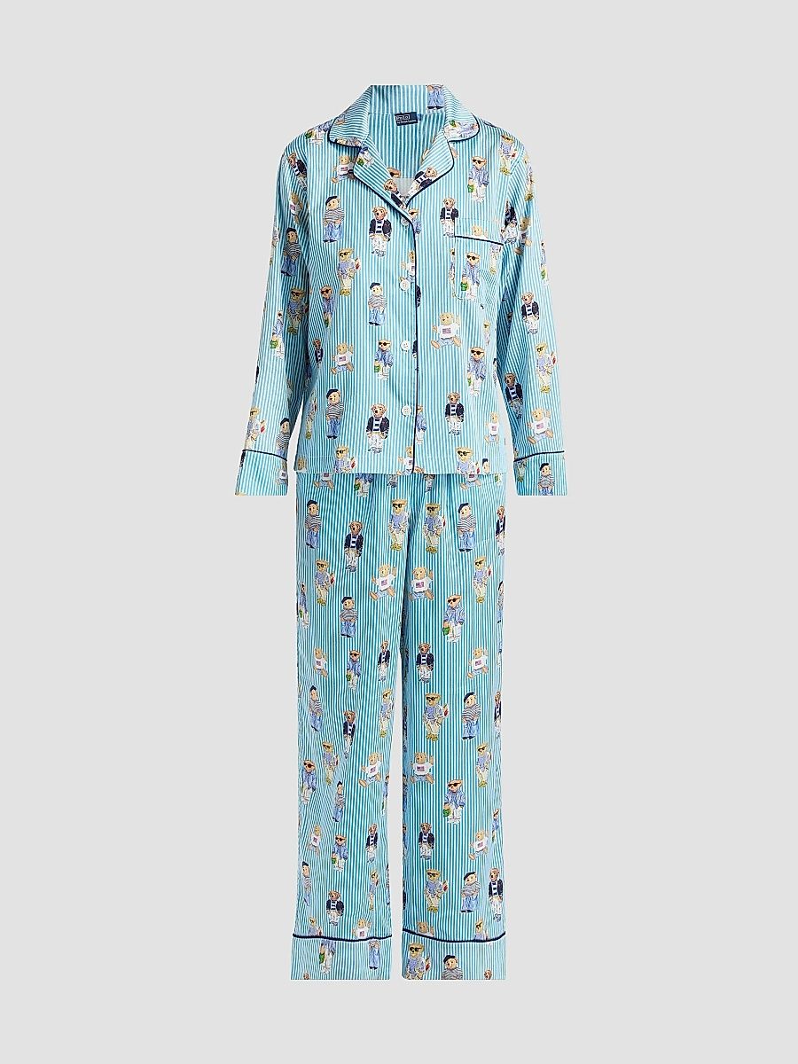 Polo Ralph Lauren Women's Madison Teddy Bear Stripe Pajama Set - Aqua Mist - Size XXS