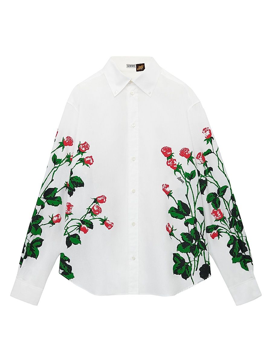 Men's LOEWE x Paula's Ibiza Rose Button-Down Long-Sleeve Shirt - White - Size 34