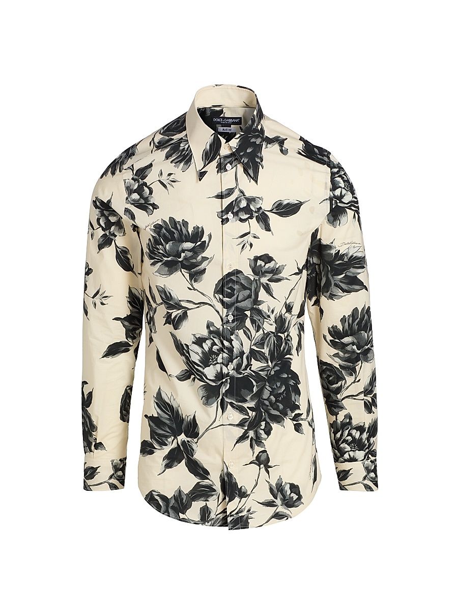 Men's Floral Cotton Button-Front Shirt - Ramage Peonies Beige - Size 34