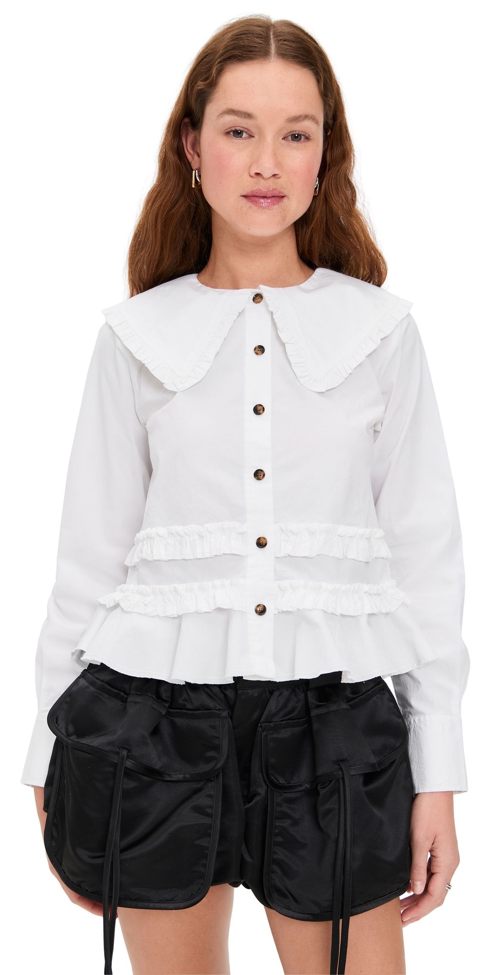 GANNI Stretch Cotton Shirt with Frills Snow White 38