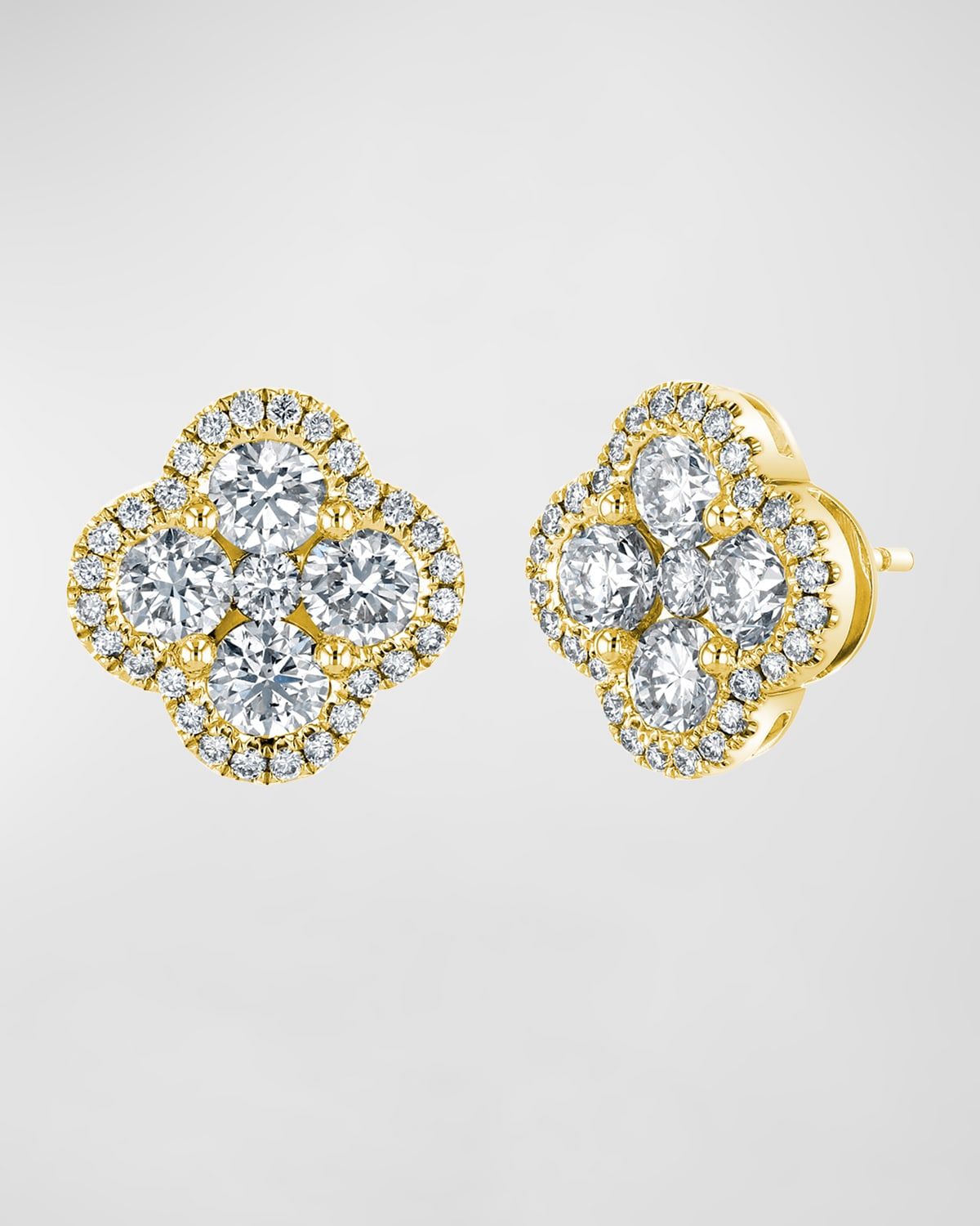 18K Gold Diamond Clover Halo Stud Earrings, 1.9tcw, 0.41" / 0.41"W