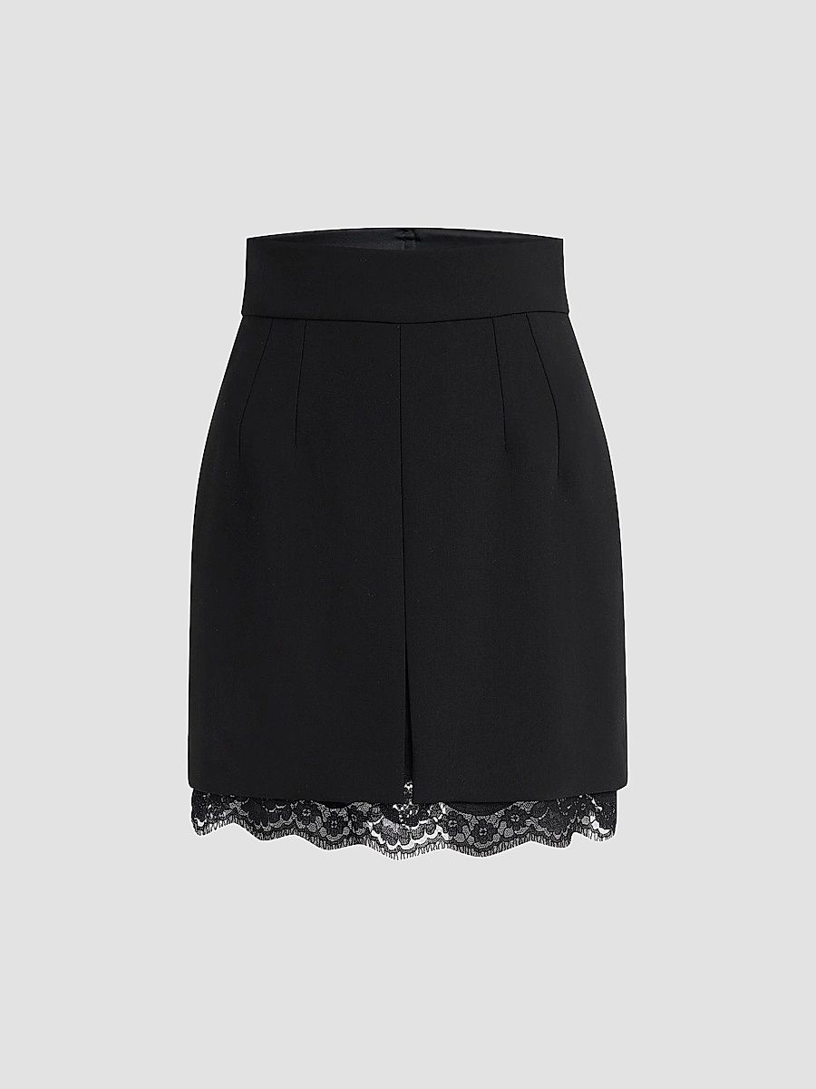 Women's Lace-Hemmed Wool Mini Skirt - Black - Size 10