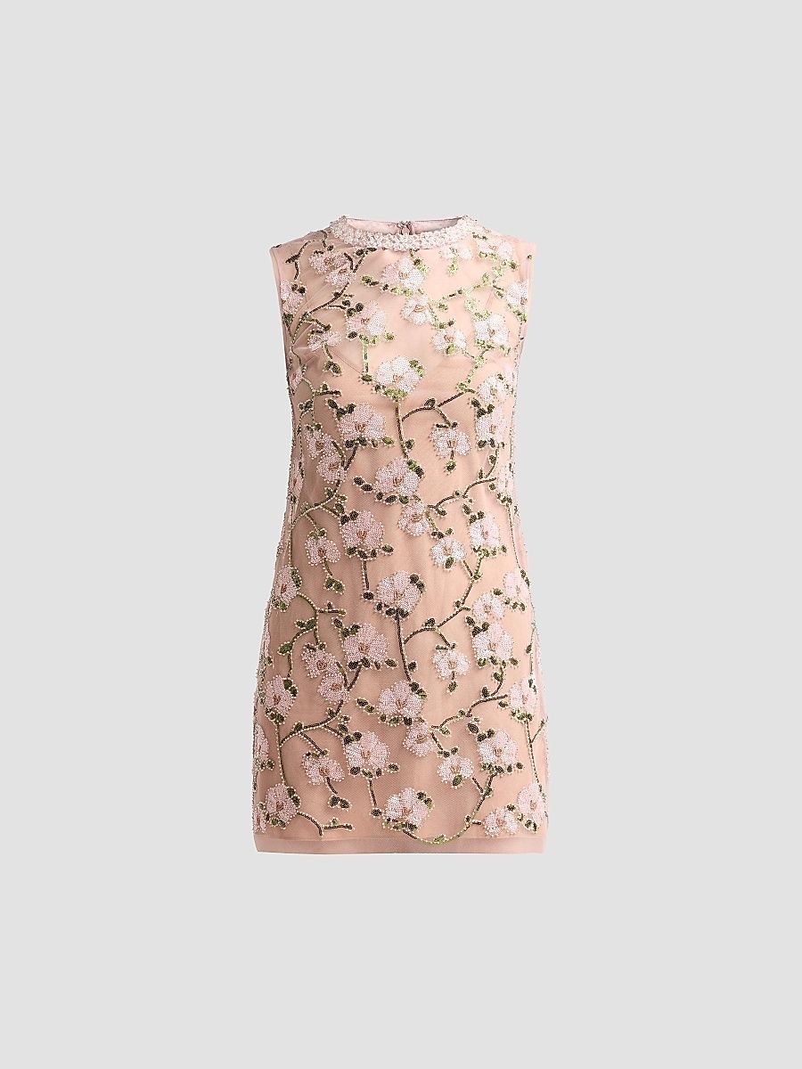Women's Floral Sequin Embellished Mini Dress - Pink - Size 12
