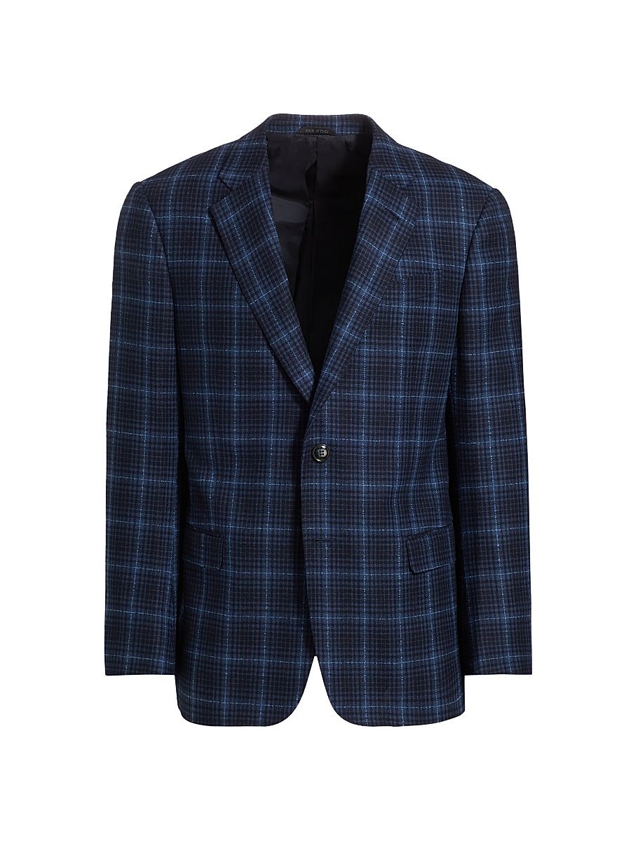 Men's Plaid Wool Single-Breasted Jacket - High Blue - Size 48