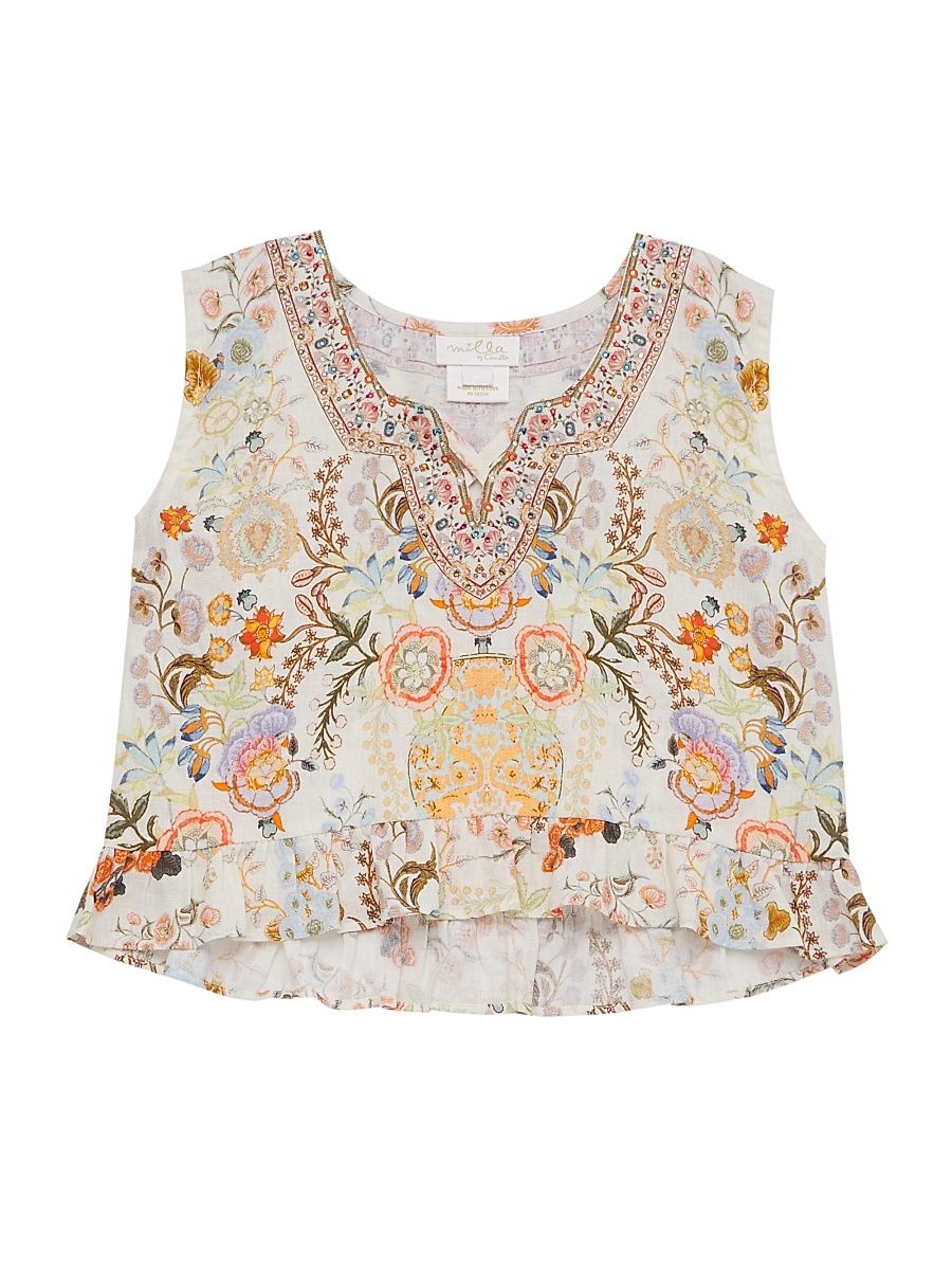 Little Girl's & Girl's Floral Frill-Trim Sleeveless Top - White Multi - Size 4