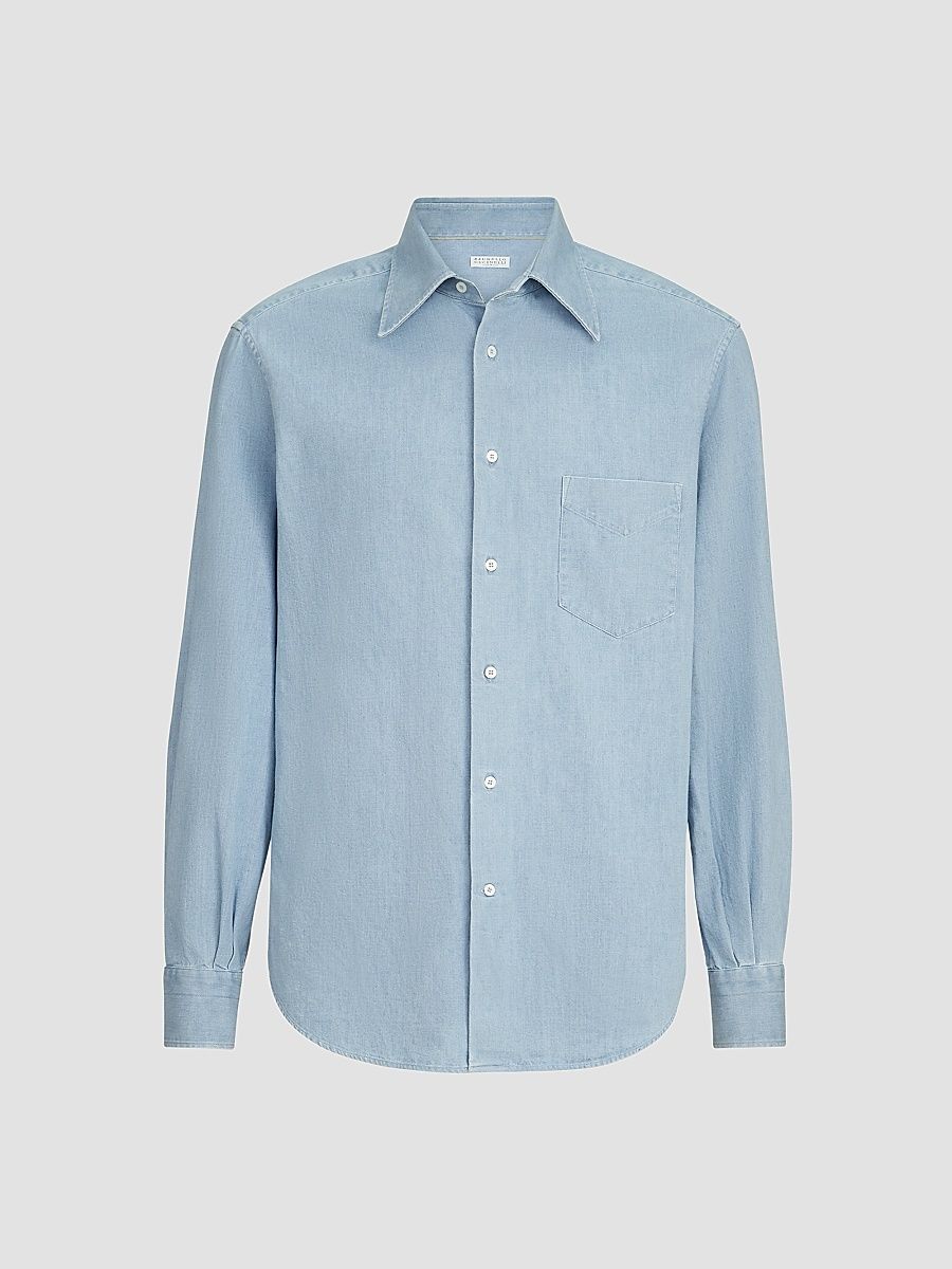 Men's Lightweight Denim Shirt with Italian Collar - Light Blue Denim - Size Medium