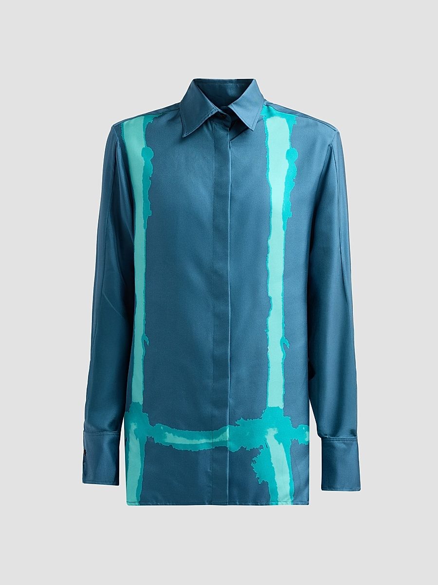 Women's Abstract-Print Silk Button-Down Blouse - Petroleum Green - Size 10