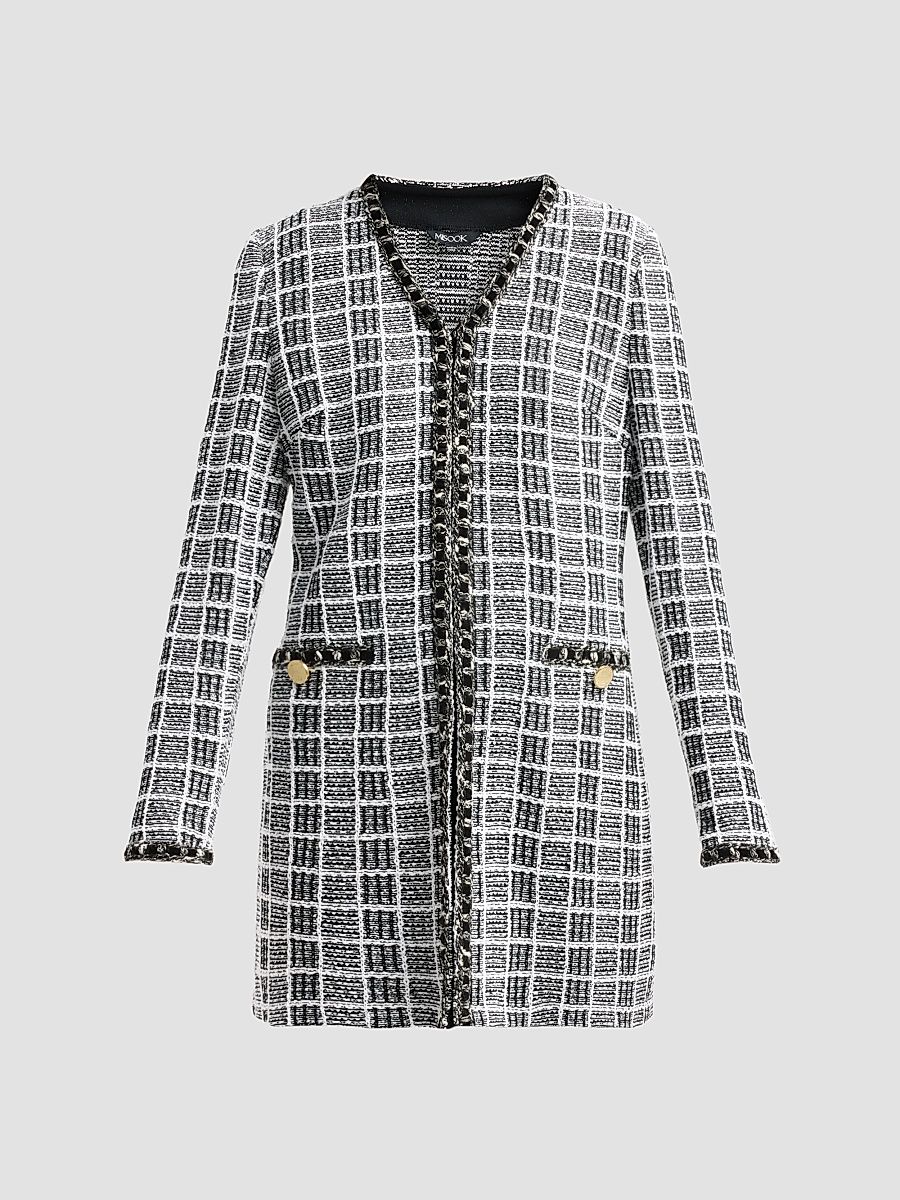 Misook Women's Plaid Velvet-Trim Longline Jacket - Black White - Size XXL